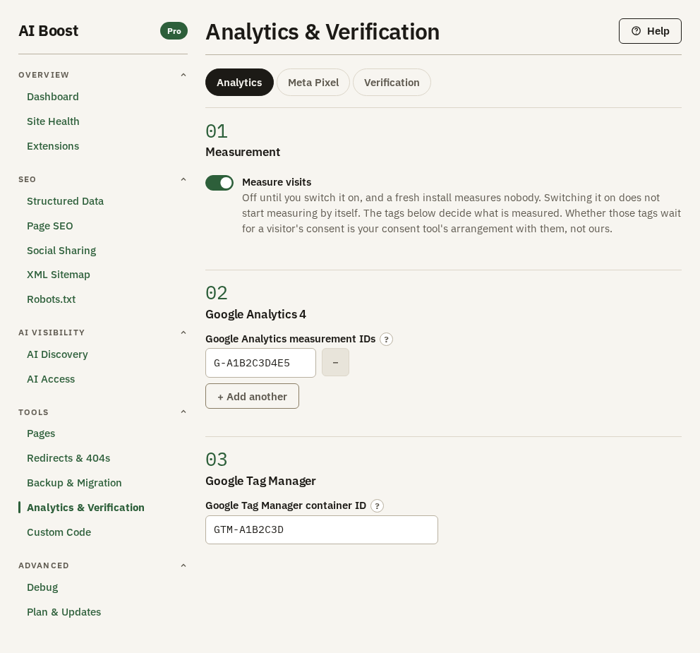 The Analytics sub-tab, with sections 01 Measurement and its Measure visits switch, 02 Google Analytics 4 with one measurement ID and + Add another, and 03 Google Tag Manager with a container ID
