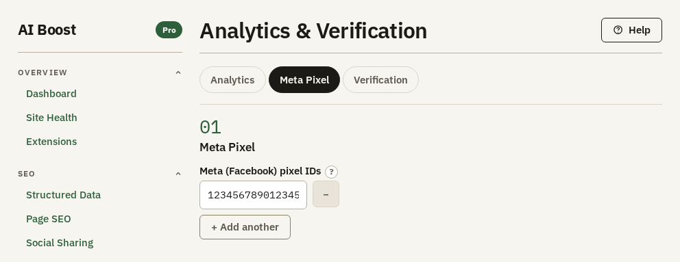 The Meta Pixel sub-tab, section 01 Meta Pixel, with one ID in Meta (Facebook) pixel IDs and + Add another