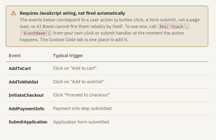 The warning Requires JavaScript wiring, not fired automatically, above five events such as AddToCart, each with its typical trigger