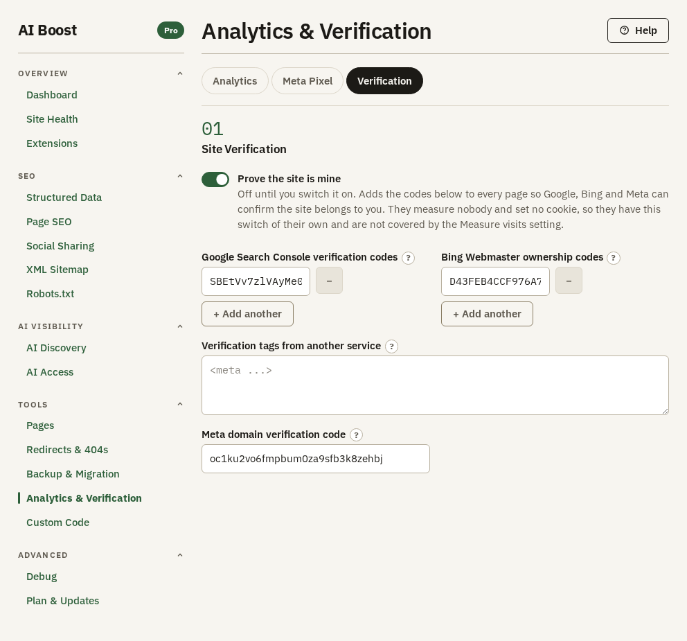 The Verification sub-tab, section 01 Site Verification, with Prove the site is mine on and codes for Google, Bing and Meta