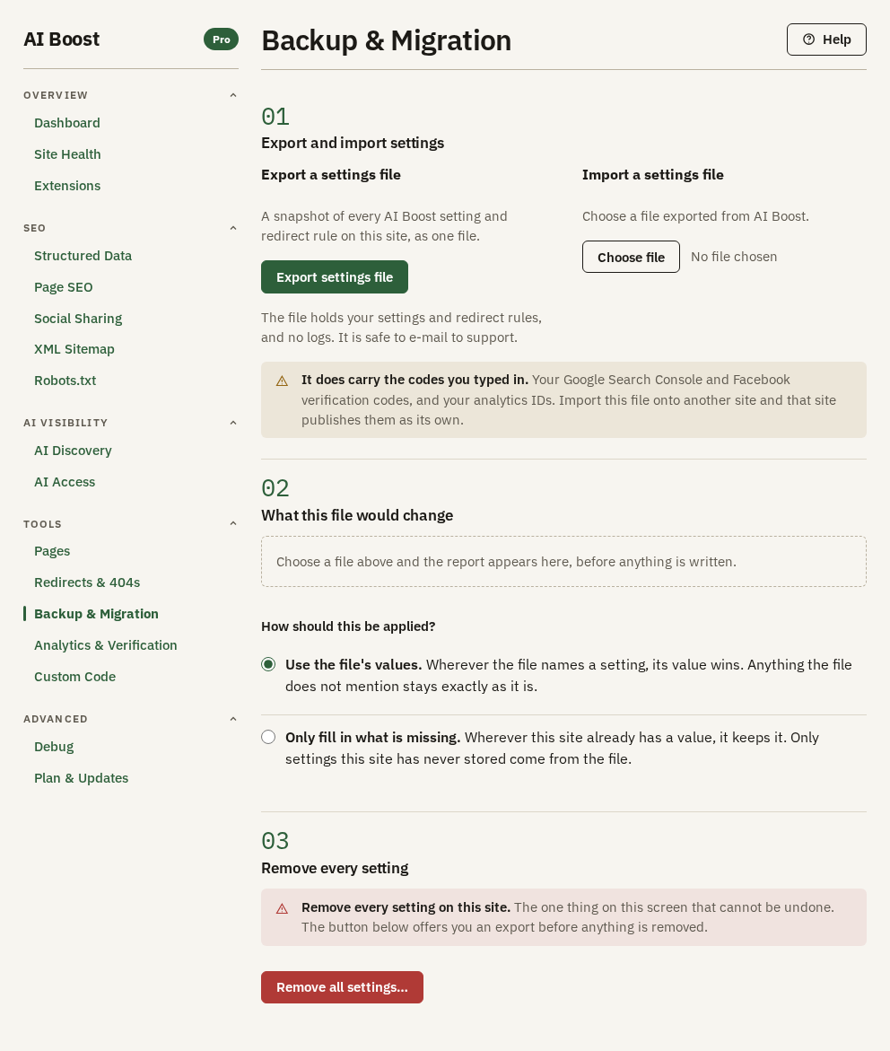 Backup & Migration, with Export settings file and Import a settings file side by side, the choice of how a file is applied, and Remove all settings