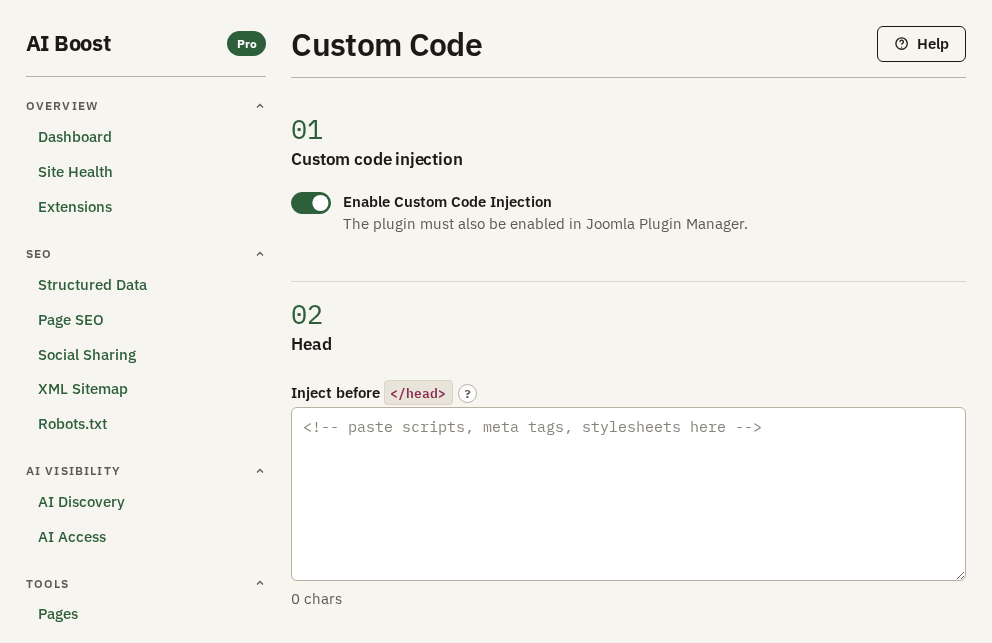 Custom code injection, and the Head box