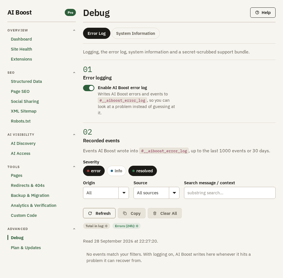 The Error Log sub-tab, with the error log switched on and no events recorded