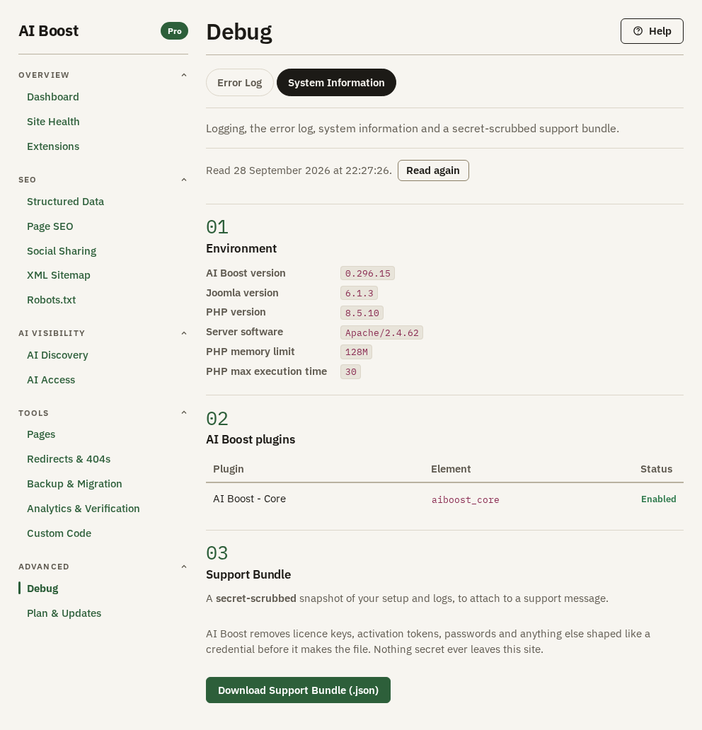 The System Information sub-tab, with Environment, AI Boost plugins and Support Bundle