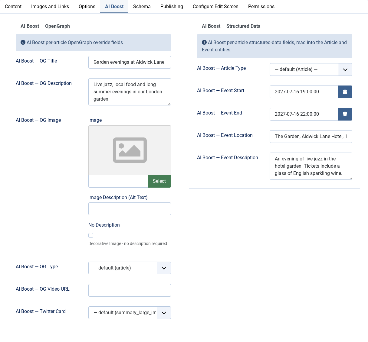 The AI Boost tab in the article editor, with the event fields filled in