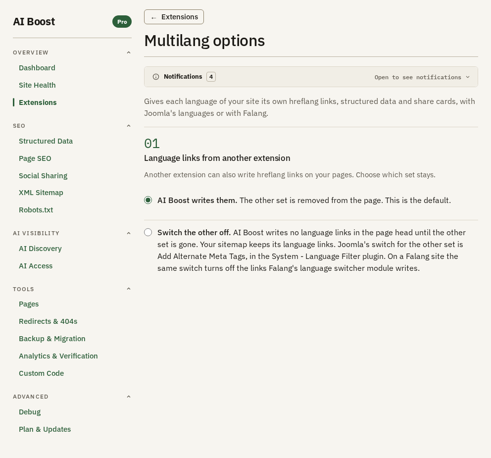 Multilang options, section 01 Language links from another extension, with AI Boost writes them chosen and Switch the other off below it