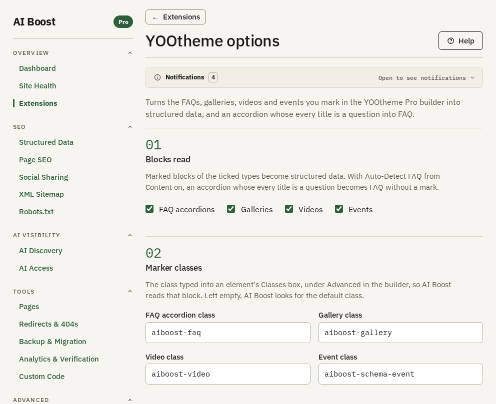 YOOtheme options with its Help button. Section 01 Blocks read has FAQ accordions, Galleries, Videos and Events ticked. Section 02 Marker classes holds aiboost-faq, aiboost-gallery, aiboost-video and aiboost-schema-event.