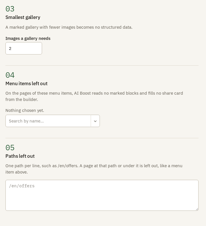 YOOtheme options, section 03 Smallest gallery with Images a gallery needs set to 2, section 04 Menu items left out with nothing chosen yet, and section 05 Paths left out with an empty box showing /en/offers as its example
