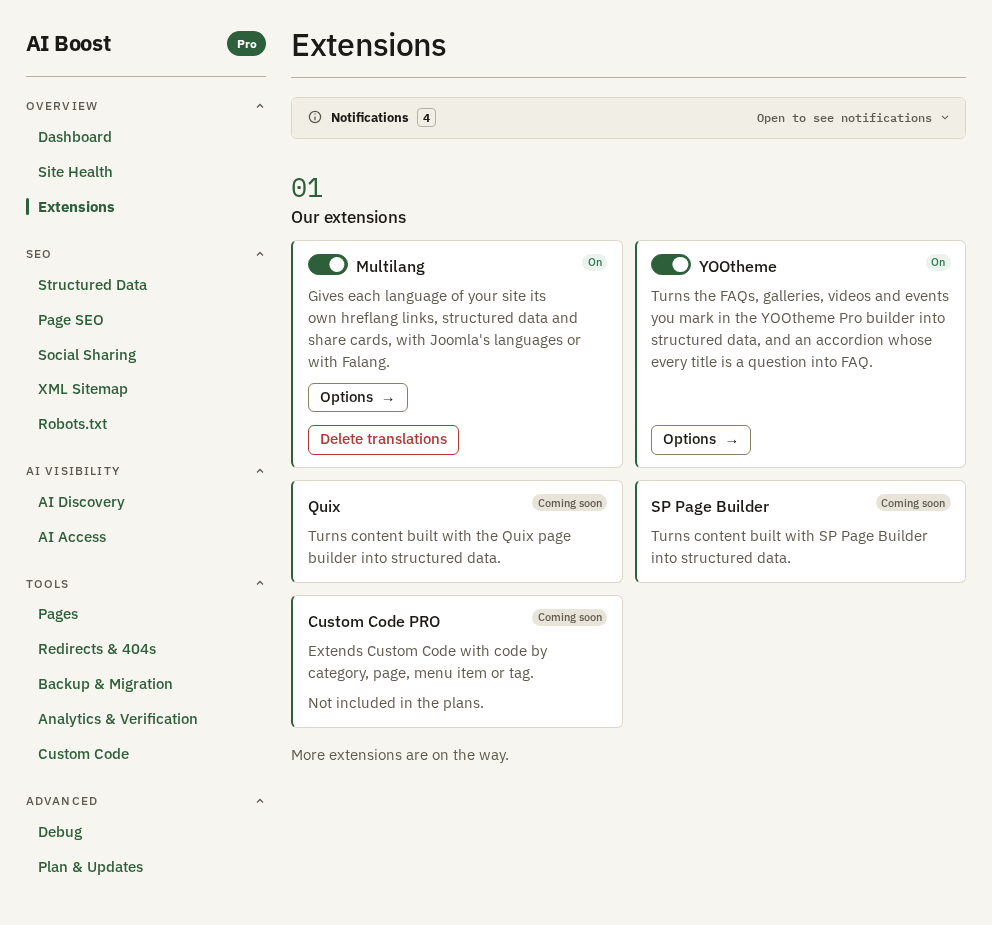 Extensions, section 01 Our extensions. Multilang and YOOtheme are switched on, each with its On badge and an Options link, and the Multilang card also carries Delete translations. The cards of the extensions not built yet say Coming soon.