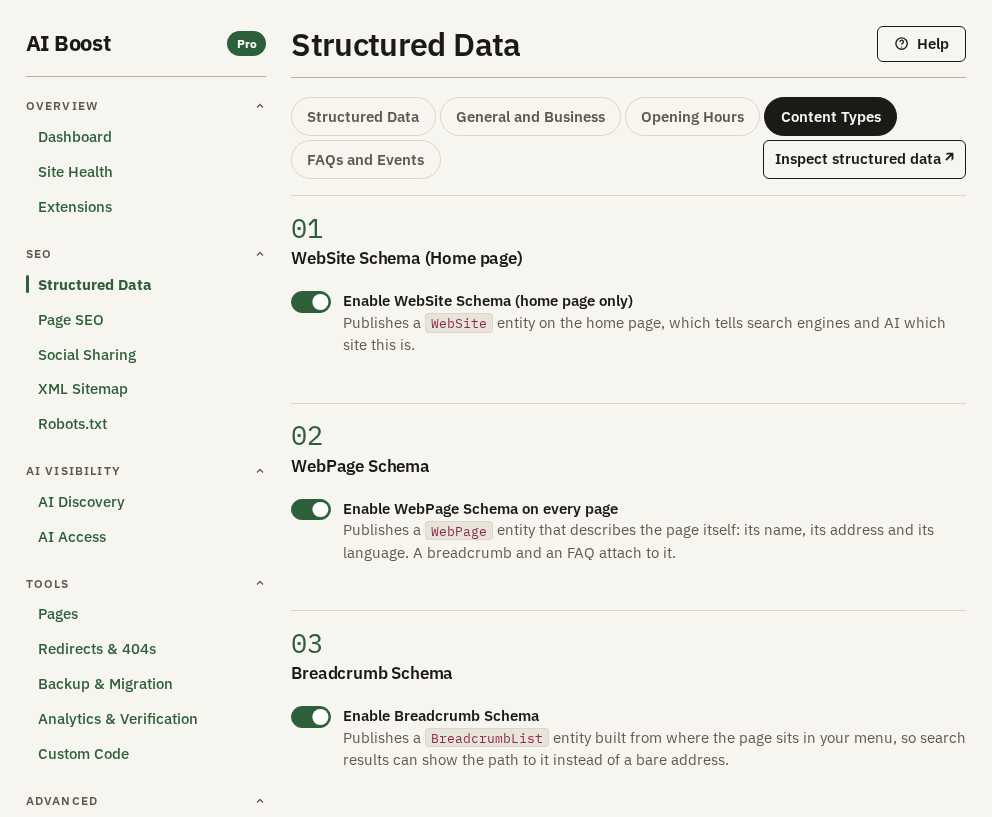 Content Types, with WebSite, WebPage and Breadcrumb Schema switched on