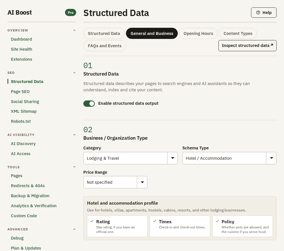 General and Business with structured data switched on and Hotel / Accommodation chosen