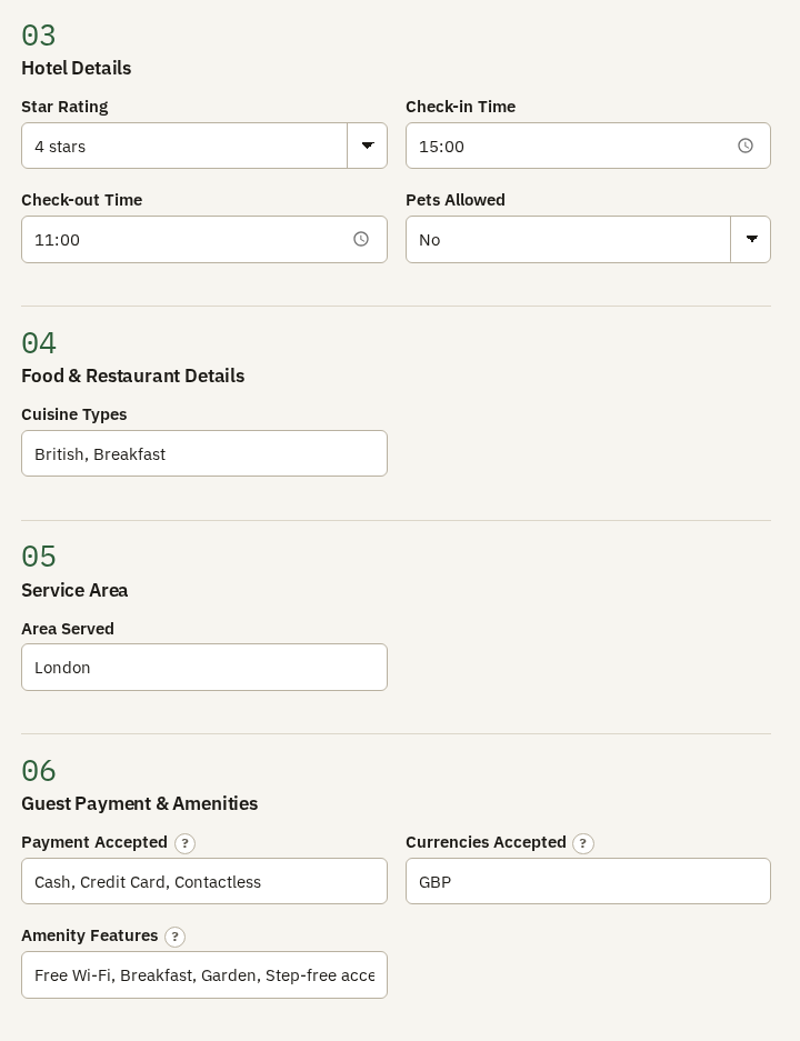 The hotel's details, from Hotel Details to Guest Payment & Amenities