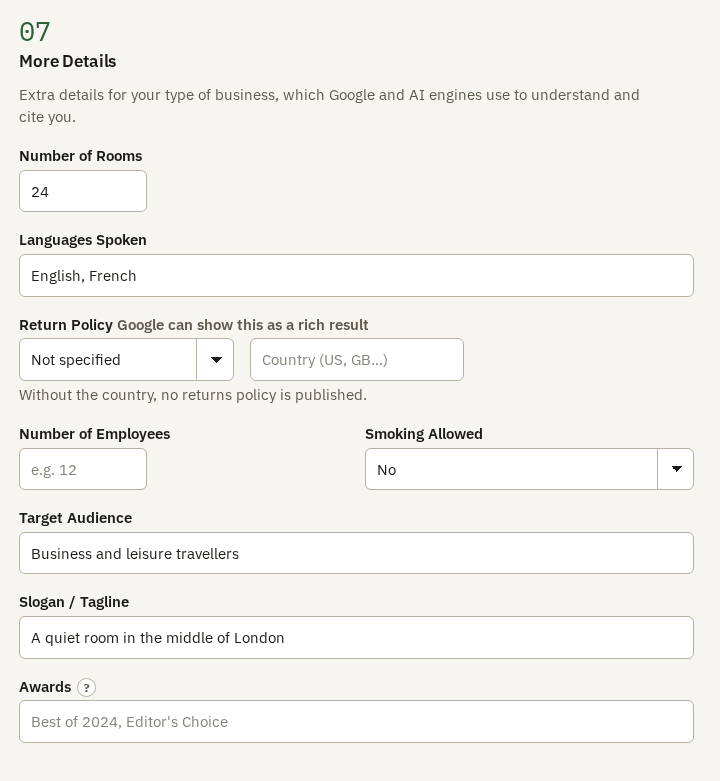 More Details for a hotel, with the number of rooms, languages spoken and a slogan