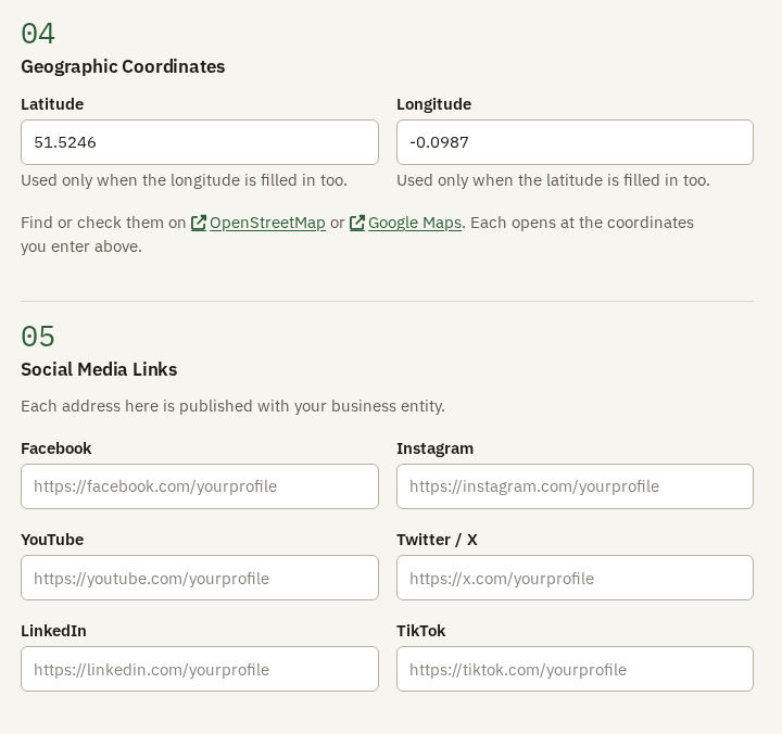 Geographic Coordinates and Social Media Links