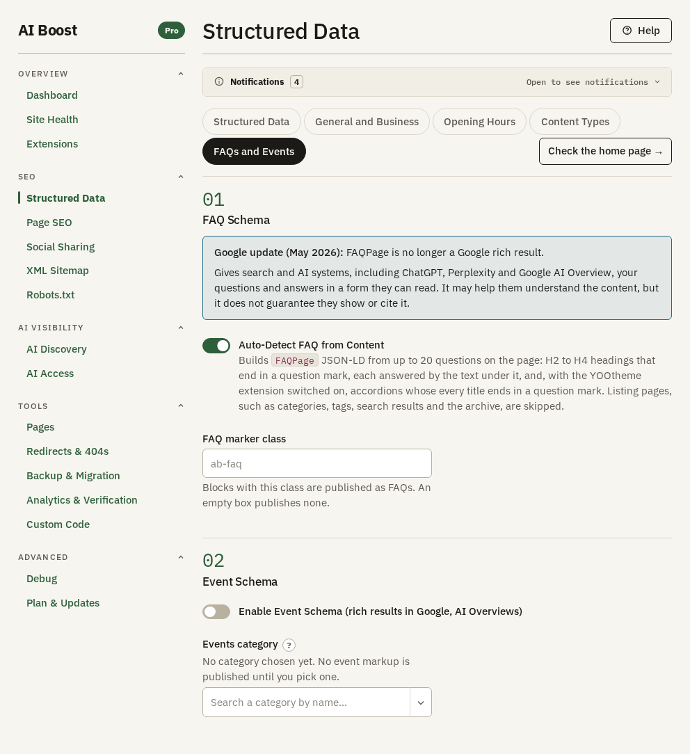 Structured Data, FAQs and Events sub-tab, section 01 FAQ Schema. Auto-Detect FAQ from Content is switched on, and its help says that with the YOOtheme extension switched on, accordions whose every title ends in a question mark are read too.