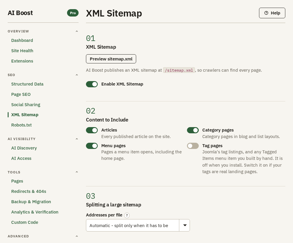 The XML Sitemap switch, what it includes, and how it splits