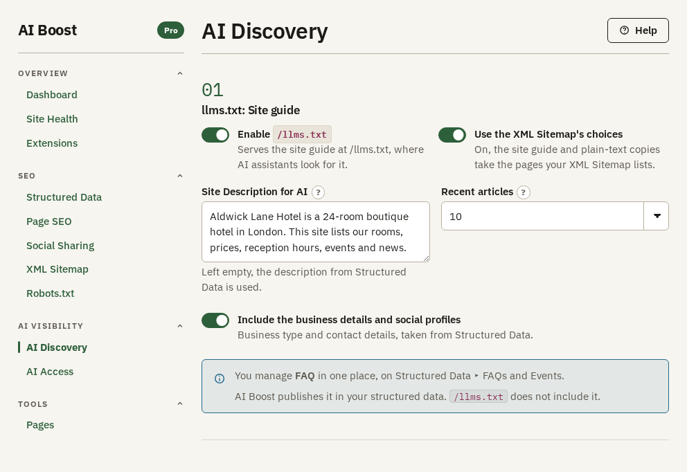 The AI Discovery screen with the llms.txt settings