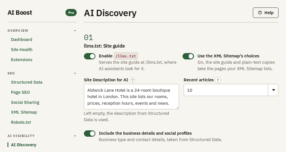 The AI Discovery screen with the llms.txt settings