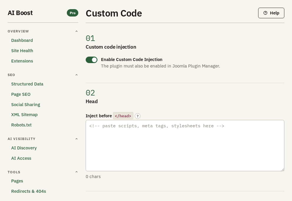 The Custom Code screen