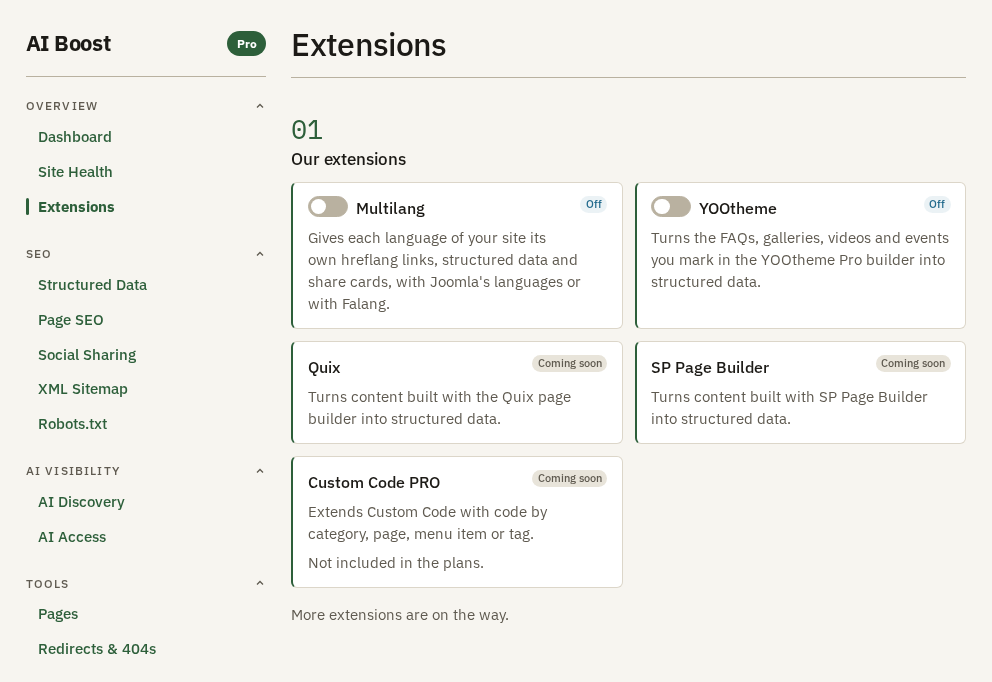 The Extensions screen, with a switch for Multilang and one for YOOtheme. Three more extensions are coming soon.