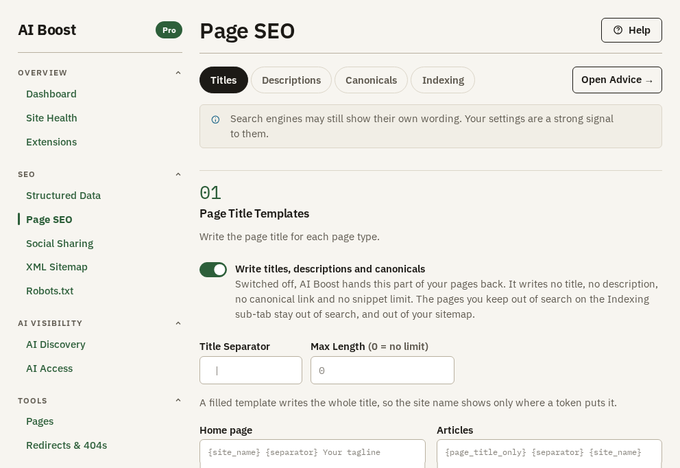 The Titles tab of the Page SEO screen