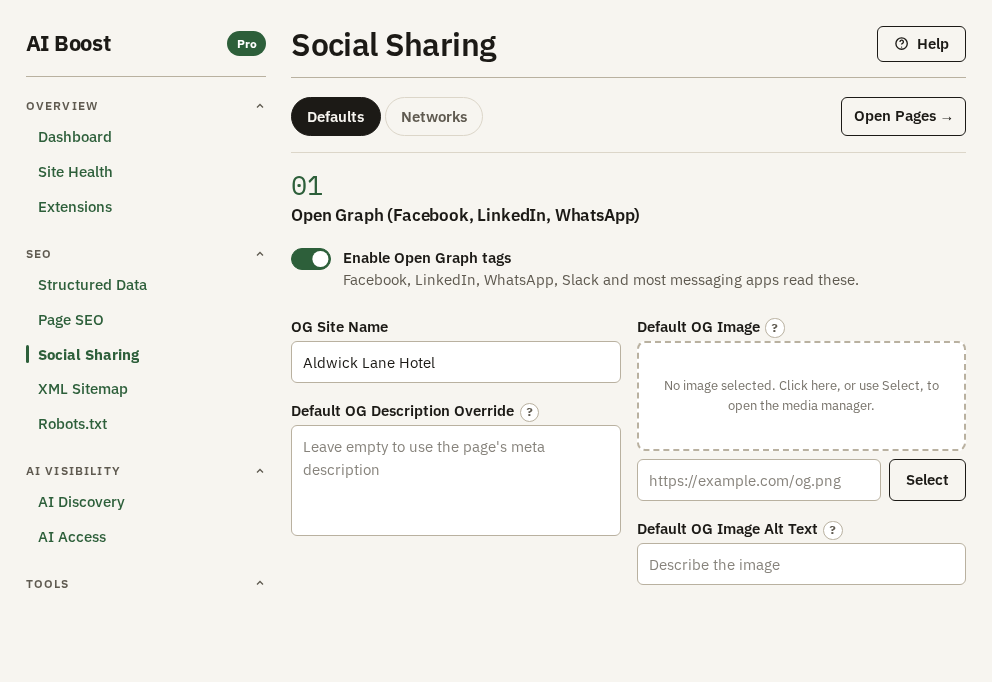 The Defaults tab of the Social Sharing screen