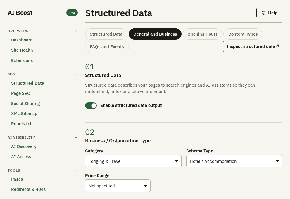 The Structured Data screen, set up for a hotel