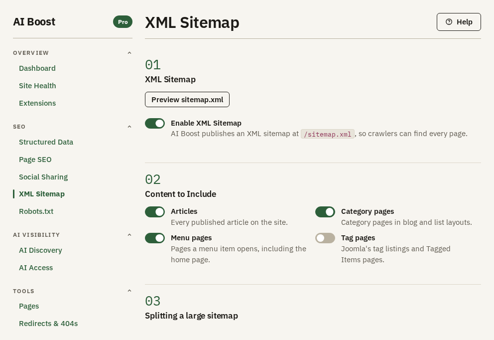 The XML Sitemap screen